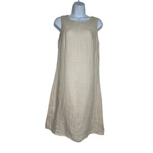 Piazza Del Tempio LINEN Dress Size SMALL Tan Eyelet Trim Sleeveless A Line